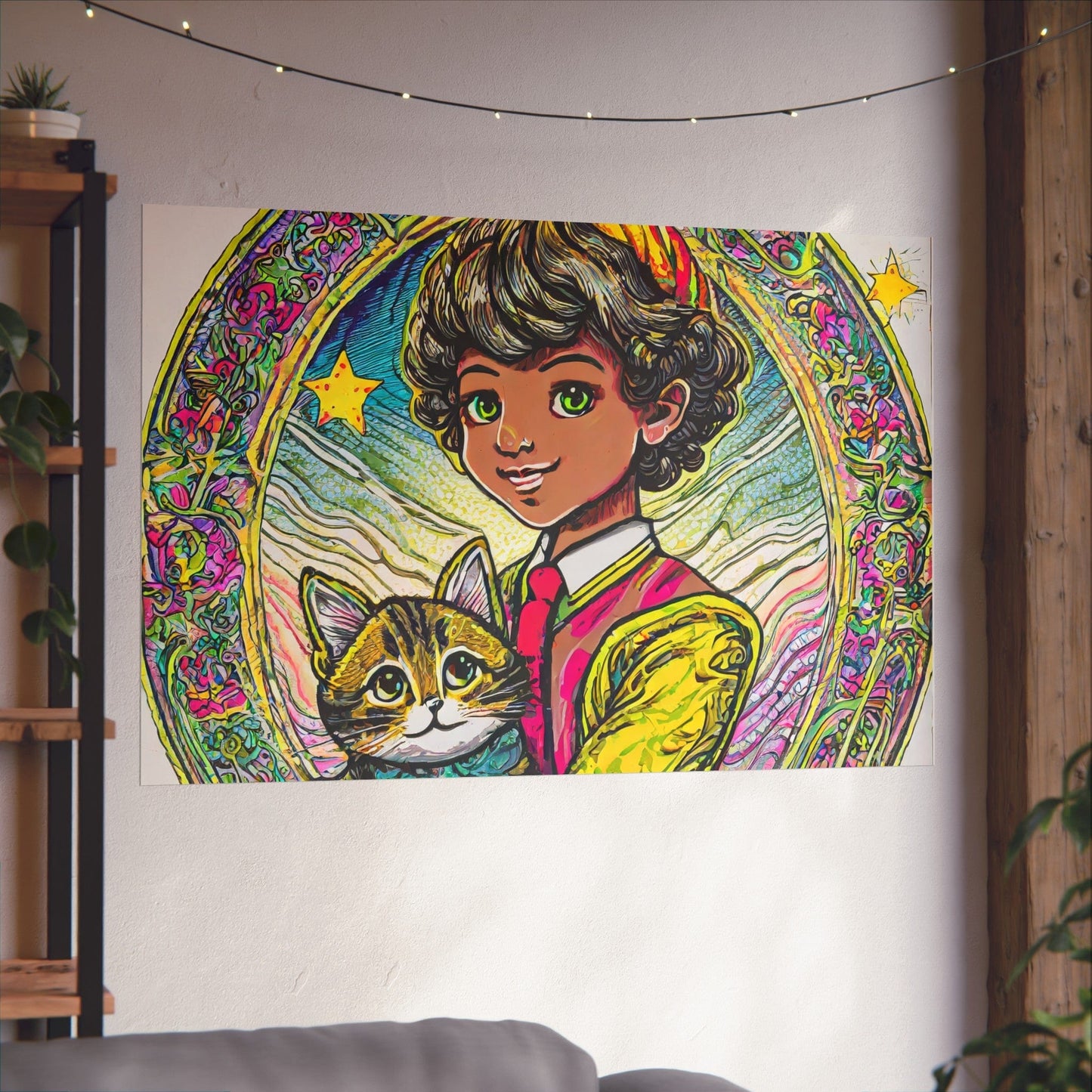 Colorful Cat & Child Art Print, Whimsical Home Decor, Kid's Room Wall Art, Gift for Cat Lovers, Vintage Style Poster
