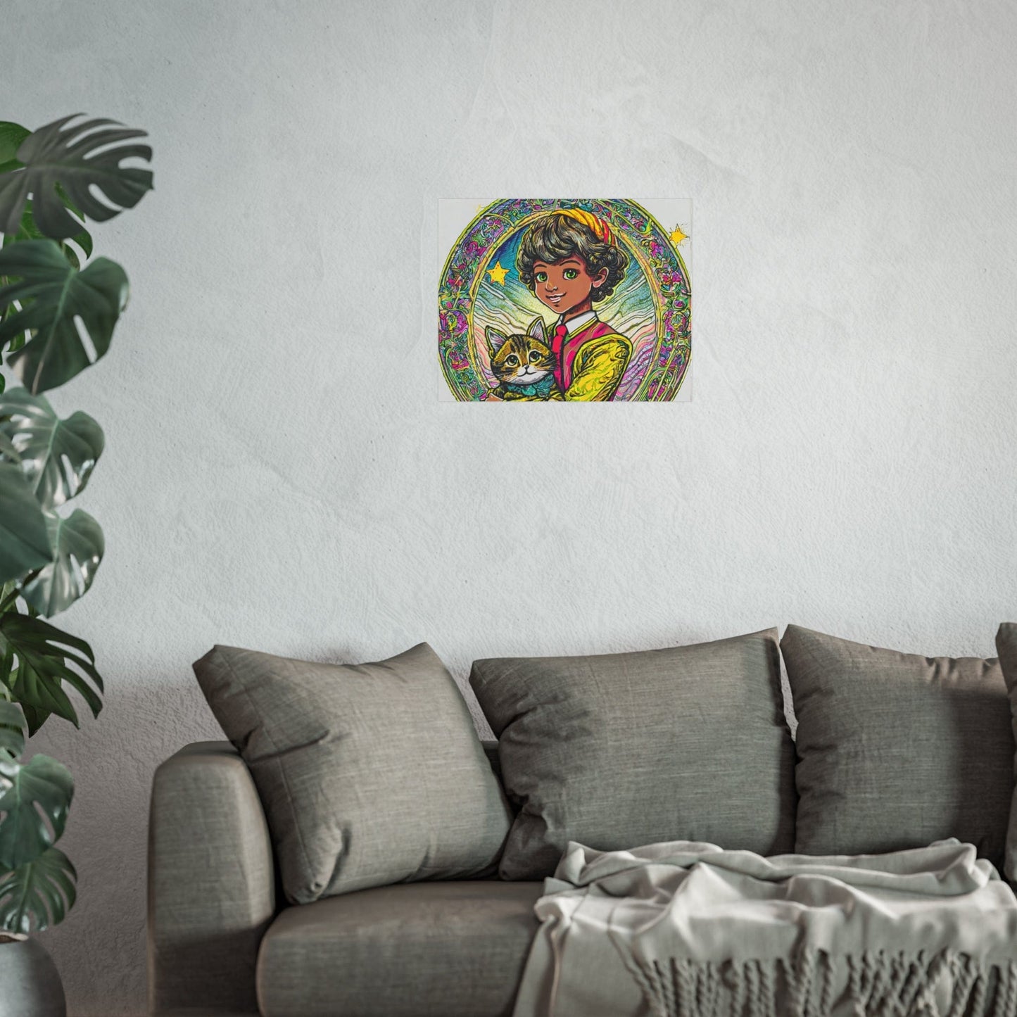 Colorful Cat & Child Art Print, Whimsical Home Decor, Kid's Room Wall Art, Gift for Cat Lovers, Vintage Style Poster