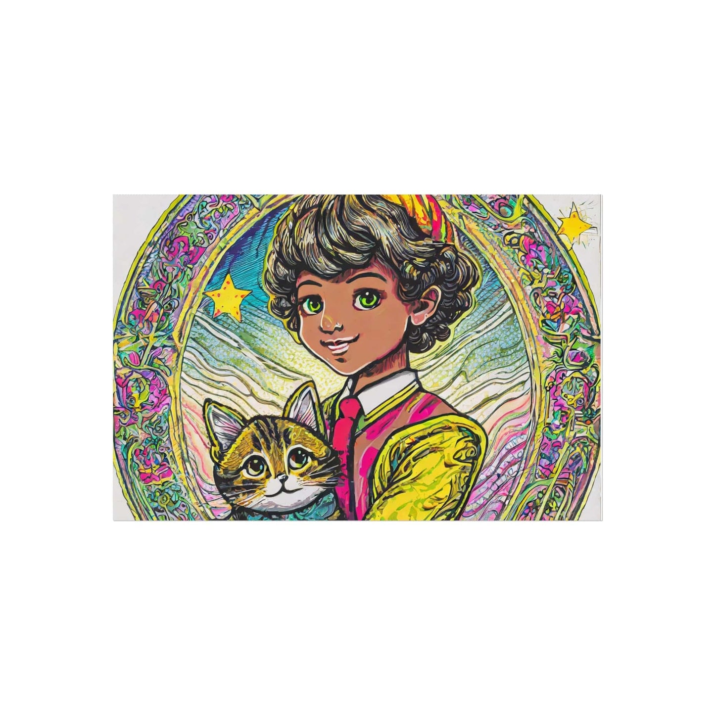 Colorful Cat & Child Art Print, Whimsical Home Decor, Kid's Room Wall Art, Gift for Cat Lovers, Vintage Style Poster