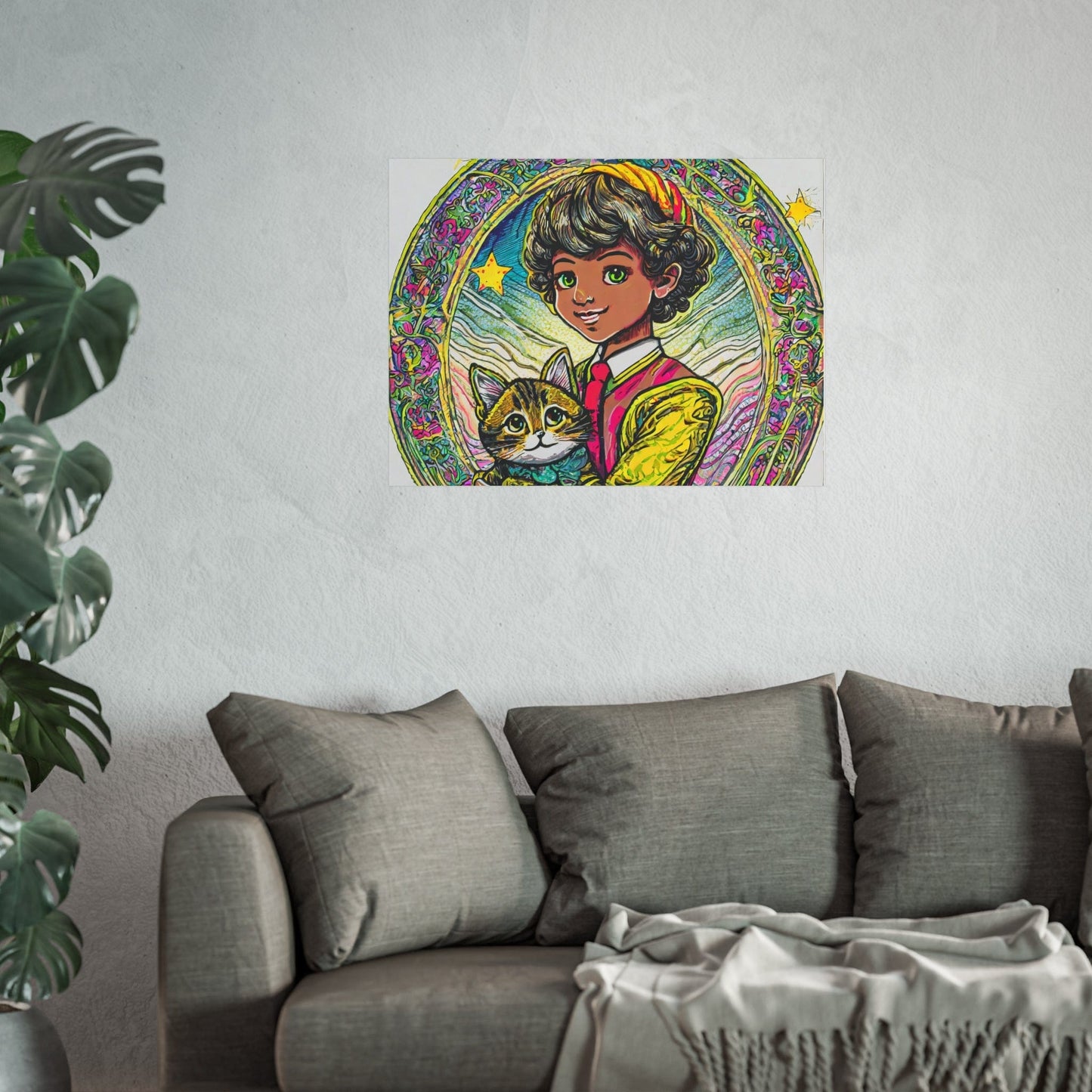 Colorful Cat & Child Art Print, Whimsical Home Decor, Kid's Room Wall Art, Gift for Cat Lovers, Vintage Style Poster