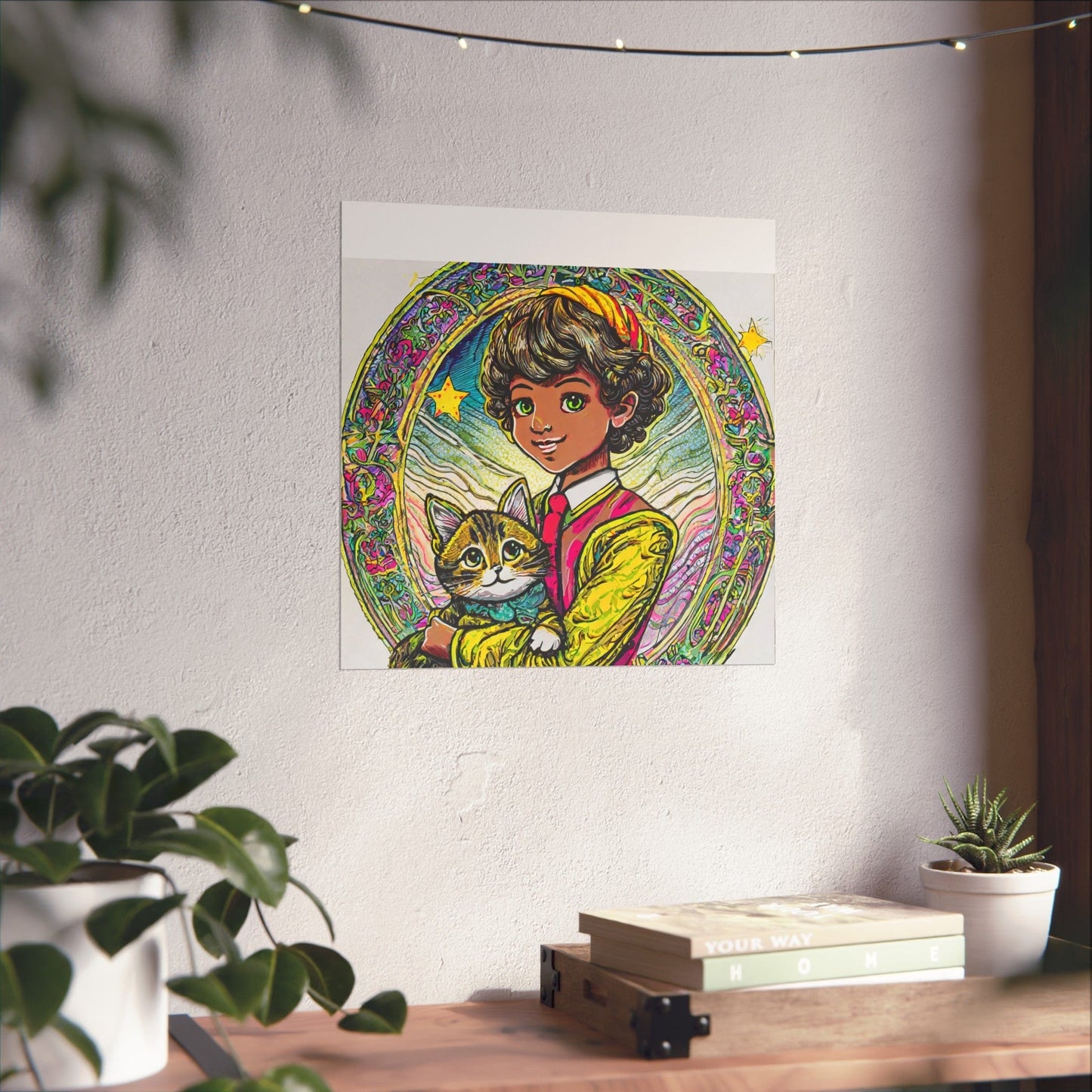 Colorful Cat & Child Art Print, Whimsical Home Decor, Kid's Room Wall Art, Gift for Cat Lovers, Vintage Style Poster