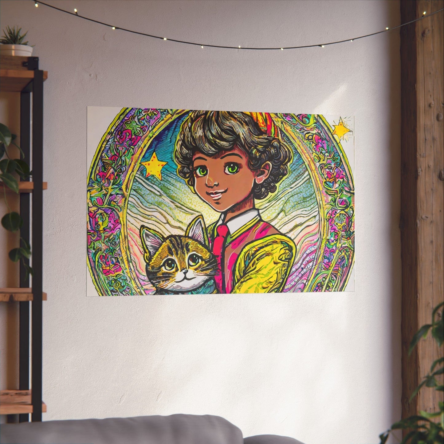 Colorful Cat & Child Art Print, Whimsical Home Decor, Kid's Room Wall Art, Gift for Cat Lovers, Vintage Style Poster