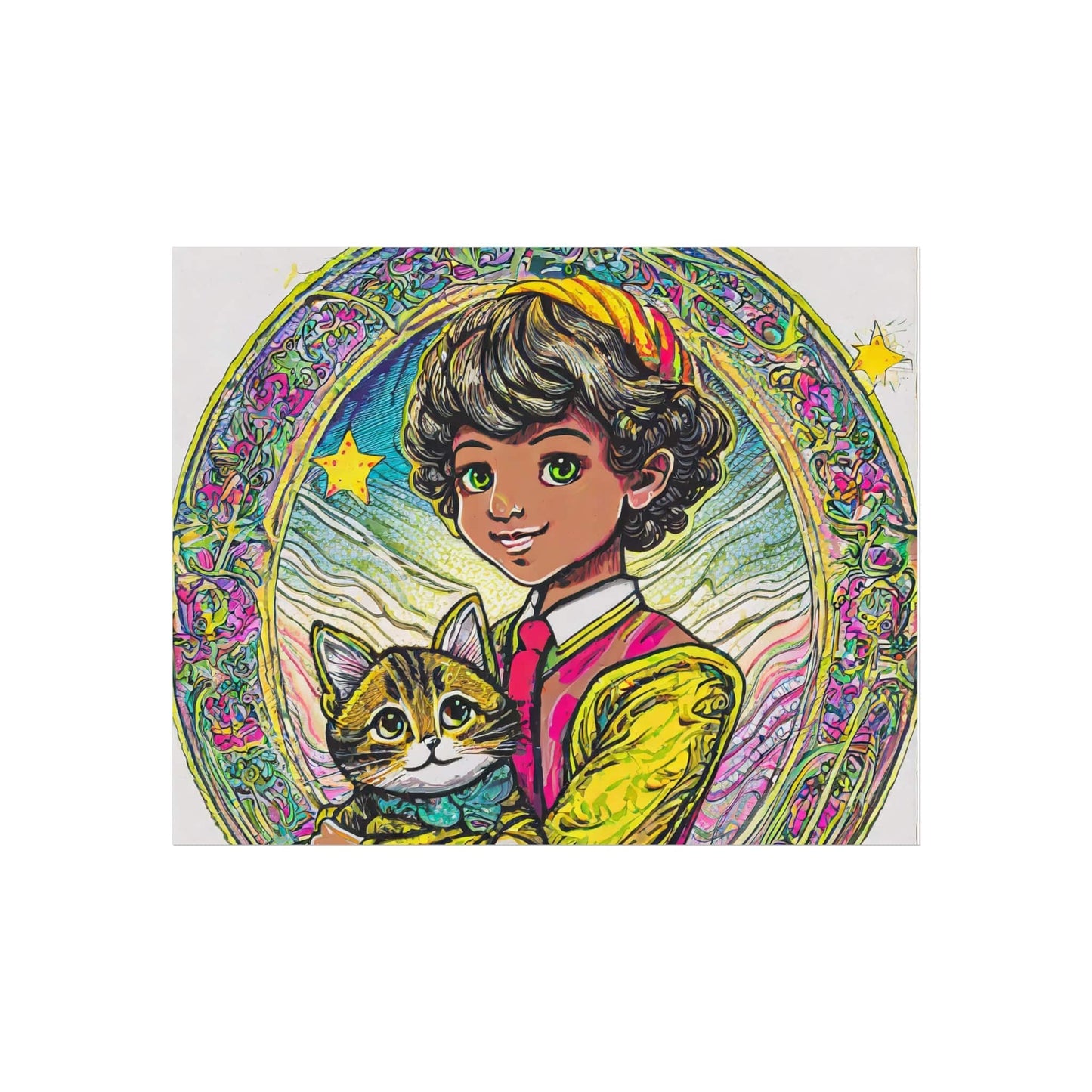 Colorful Cat & Child Art Print, Whimsical Home Decor, Kid's Room Wall Art, Gift for Cat Lovers, Vintage Style Poster