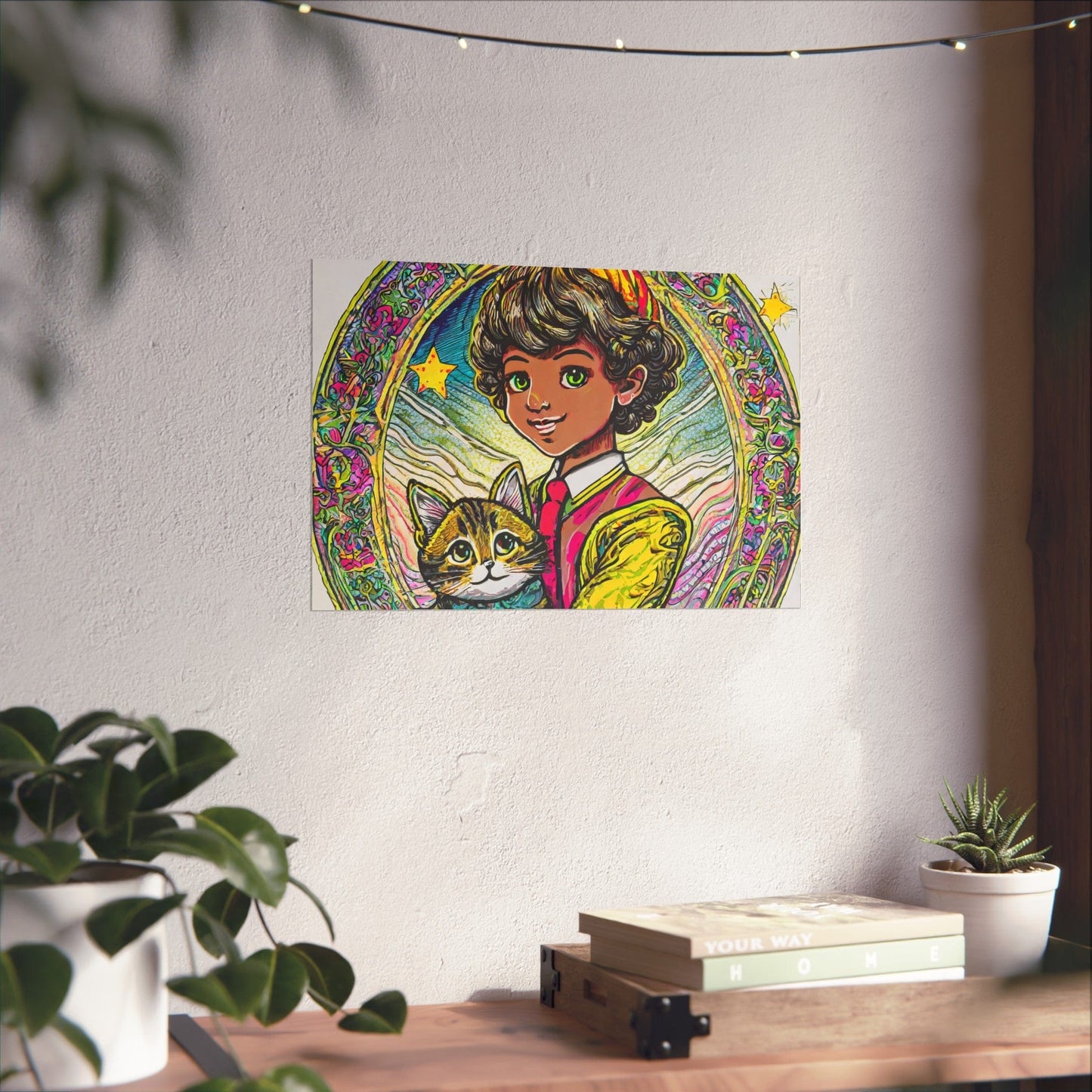 Colorful Cat & Child Art Print, Whimsical Home Decor, Kid's Room Wall Art, Gift for Cat Lovers, Vintage Style Poster