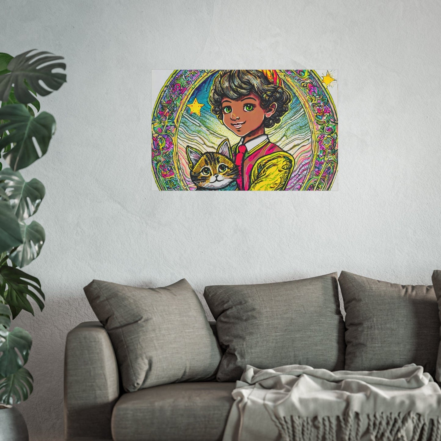 Colorful Cat & Child Art Print, Whimsical Home Decor, Kid's Room Wall Art, Gift for Cat Lovers, Vintage Style Poster