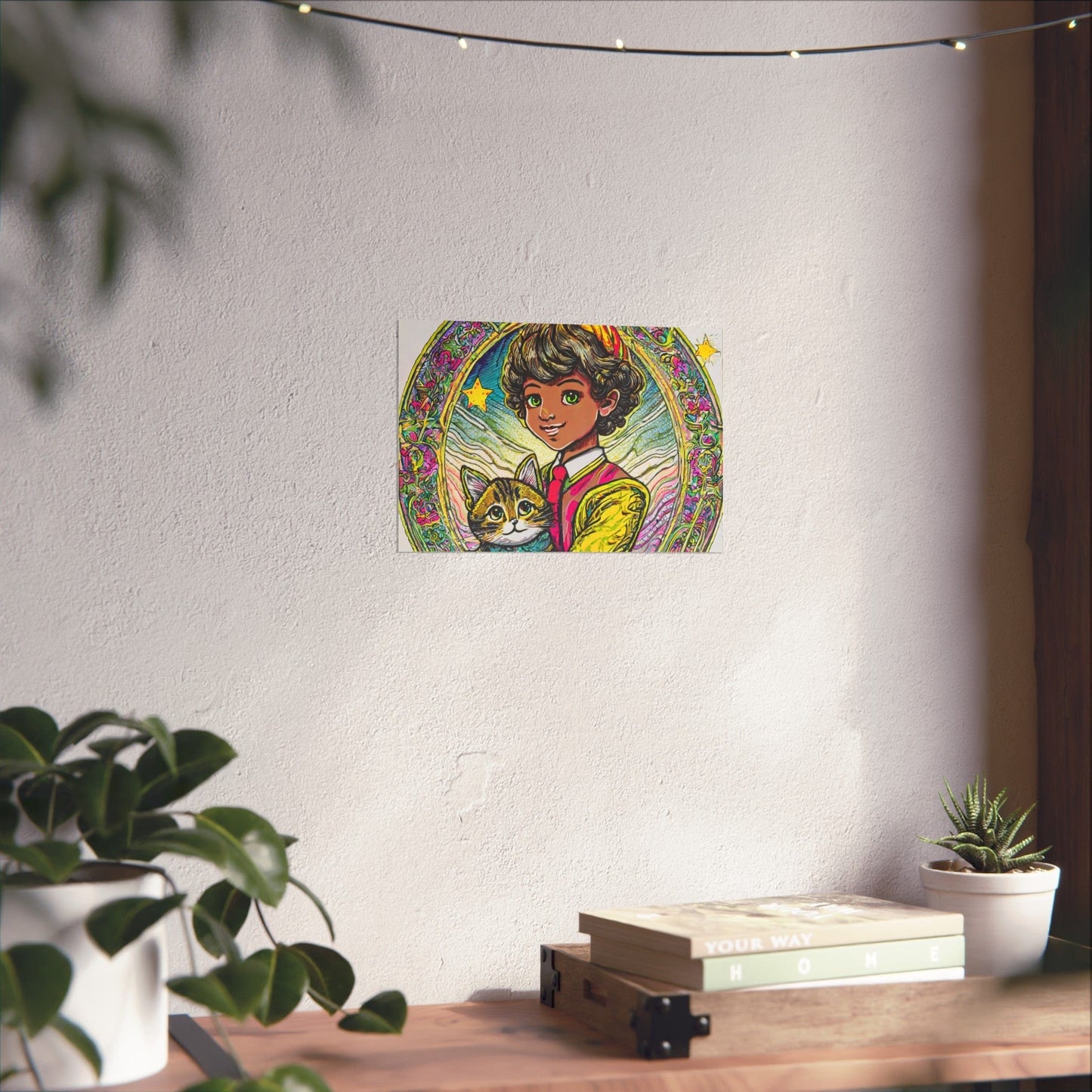 Colorful Cat & Child Art Print, Whimsical Home Decor, Kid's Room Wall Art, Gift for Cat Lovers, Vintage Style Poster