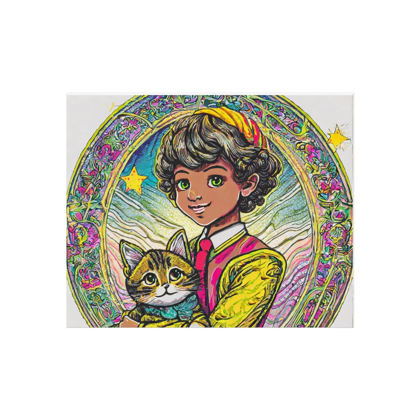 Colorful Cat & Child Art Print, Whimsical Home Decor, Kid's Room Wall Art, Gift for Cat Lovers, Vintage Style Poster