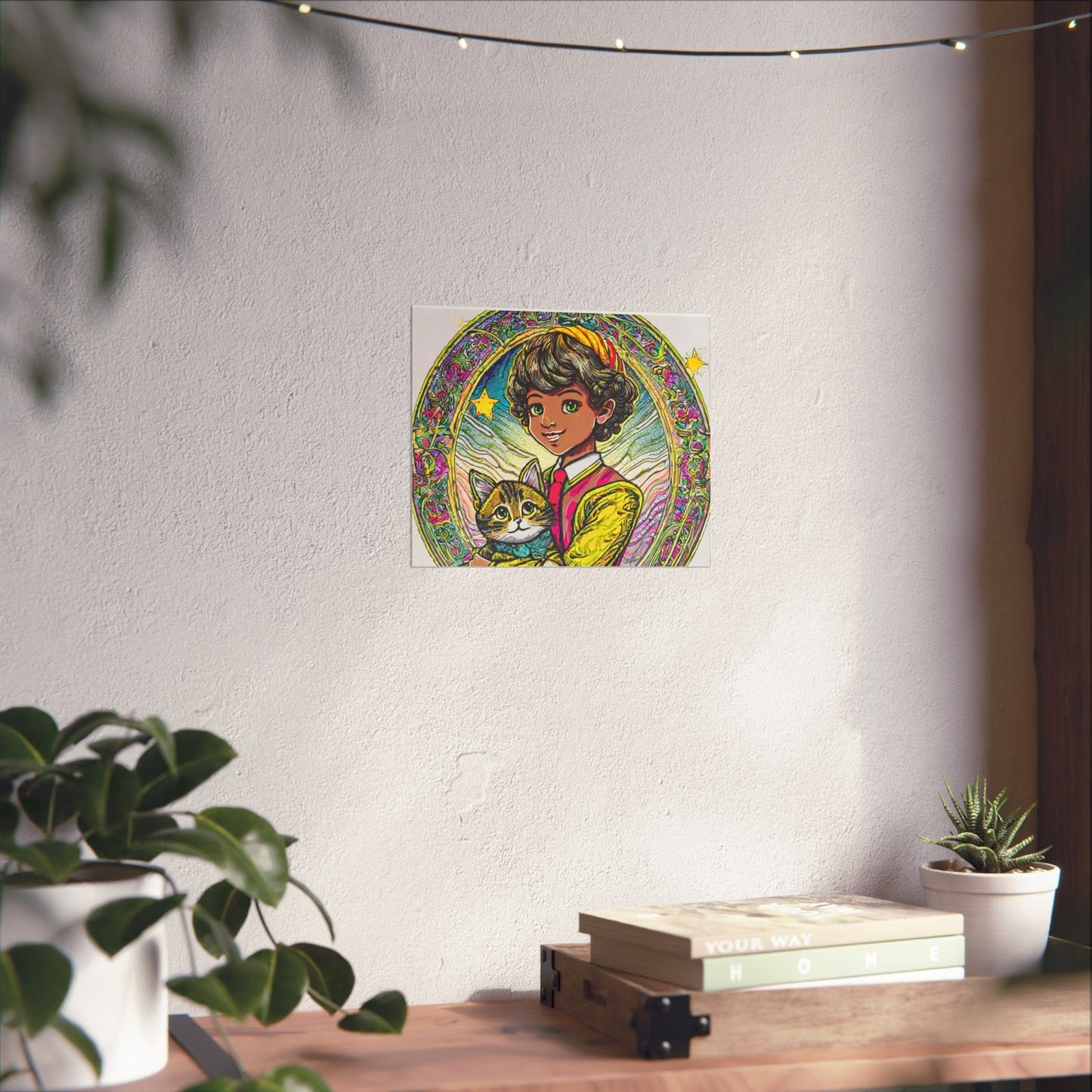 Colorful Cat & Child Art Print, Whimsical Home Decor, Kid's Room Wall Art, Gift for Cat Lovers, Vintage Style Poster