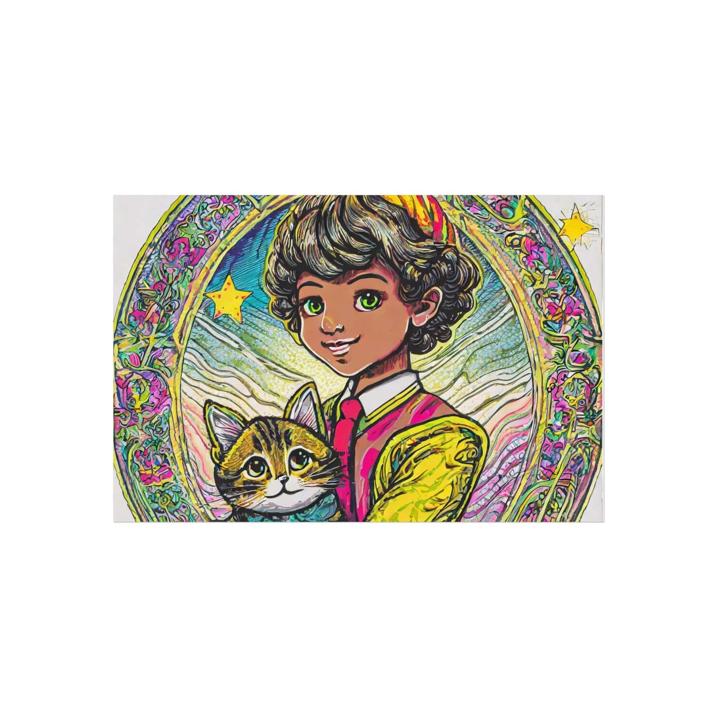 Colorful Cat & Child Art Print, Whimsical Home Decor, Kid's Room Wall Art, Gift for Cat Lovers, Vintage Style Poster
