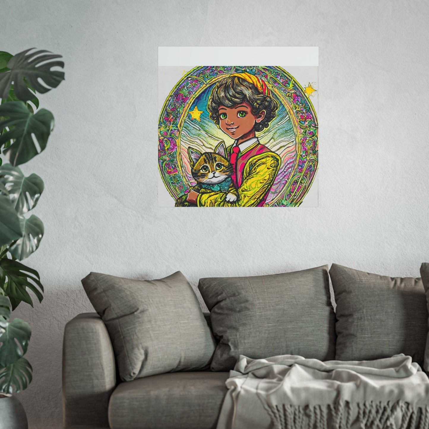 Colorful Cat & Child Art Print, Whimsical Home Decor, Kid's Room Wall Art, Gift for Cat Lovers, Vintage Style Poster