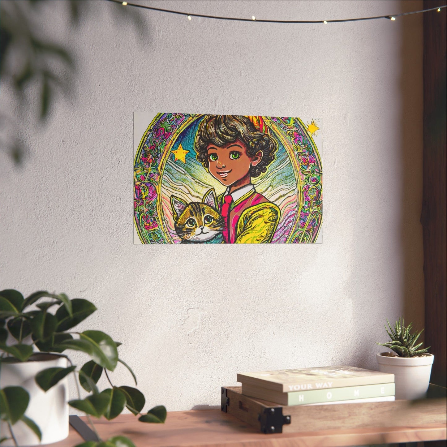 Colorful Cat & Child Art Print, Whimsical Home Decor, Kid's Room Wall Art, Gift for Cat Lovers, Vintage Style Poster
