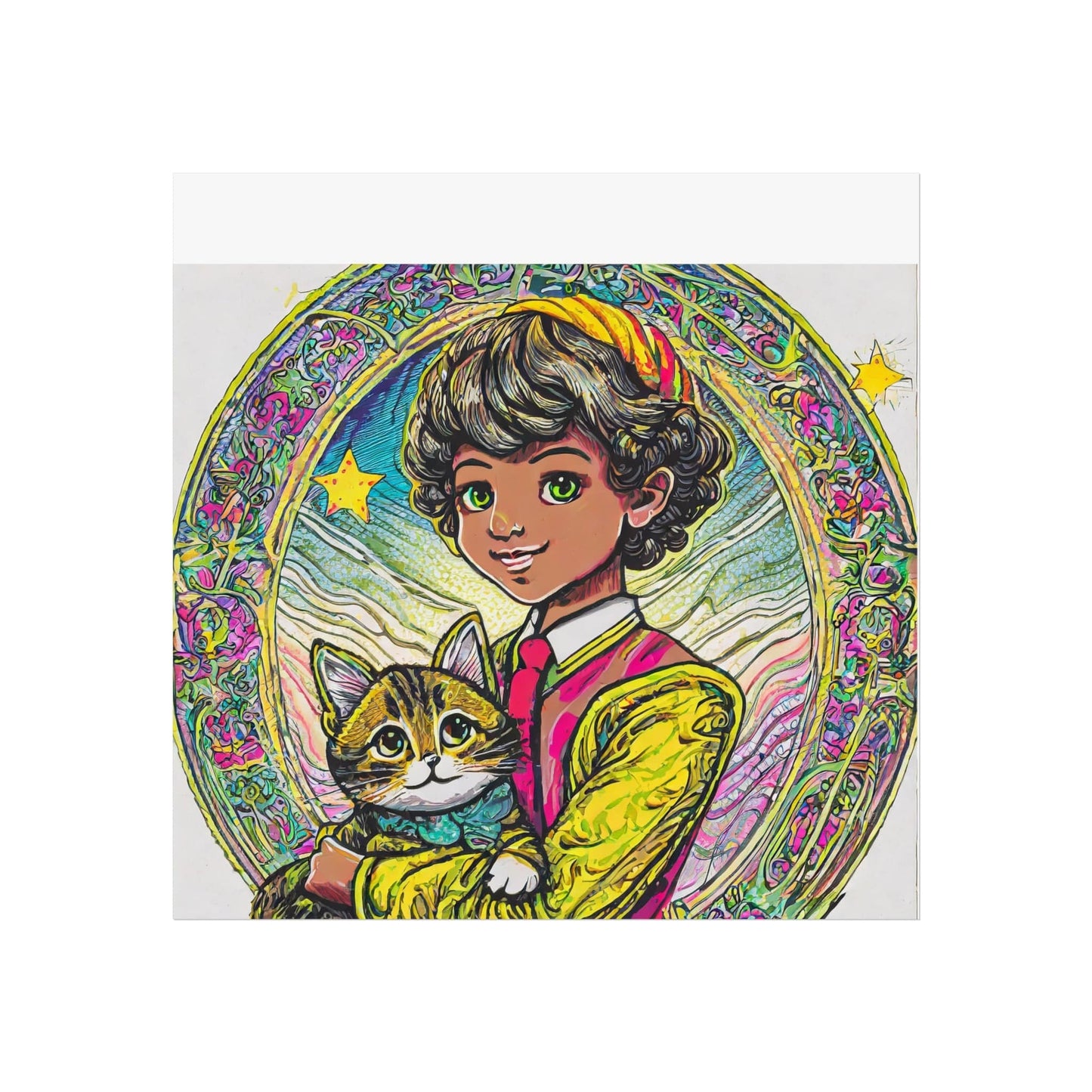 Colorful Cat & Child Art Print, Whimsical Home Decor, Kid's Room Wall Art, Gift for Cat Lovers, Vintage Style Poster
