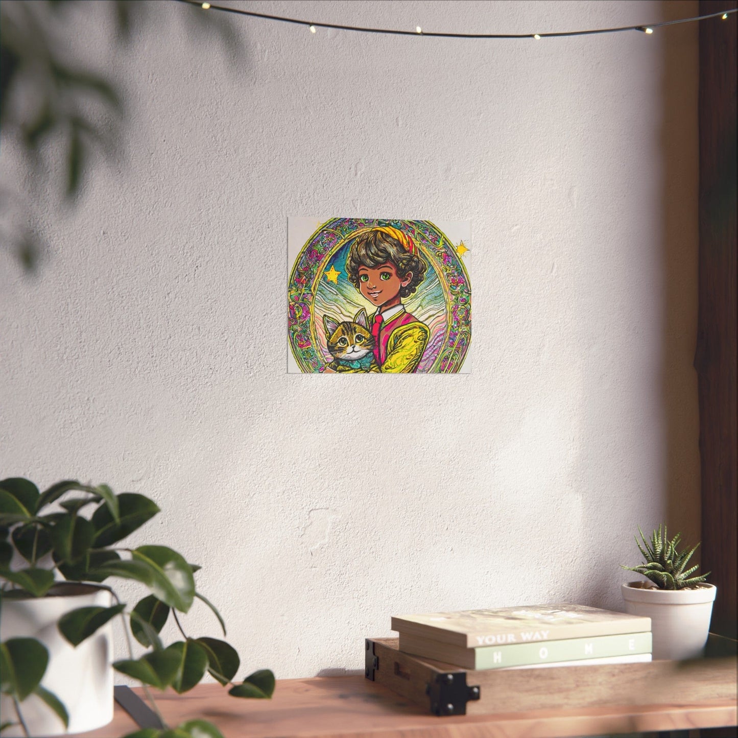 Colorful Cat & Child Art Print, Whimsical Home Decor, Kid's Room Wall Art, Gift for Cat Lovers, Vintage Style Poster