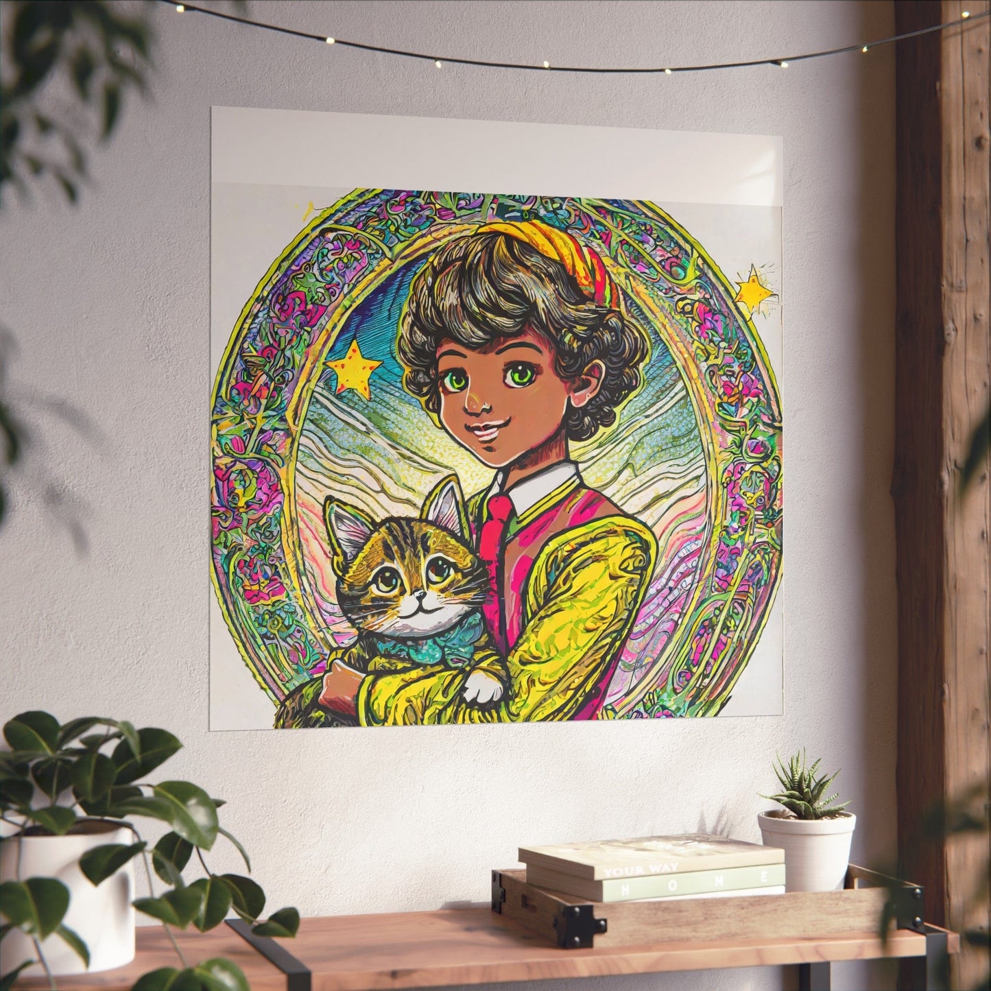 Colorful Cat & Child Art Print, Whimsical Home Decor, Kid's Room Wall Art, Gift for Cat Lovers, Vintage Style Poster