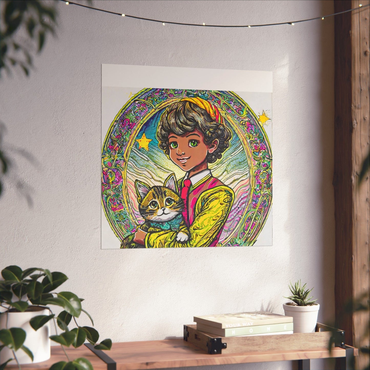 Colorful Cat & Child Art Print, Whimsical Home Decor, Kid's Room Wall Art, Gift for Cat Lovers, Vintage Style Poster