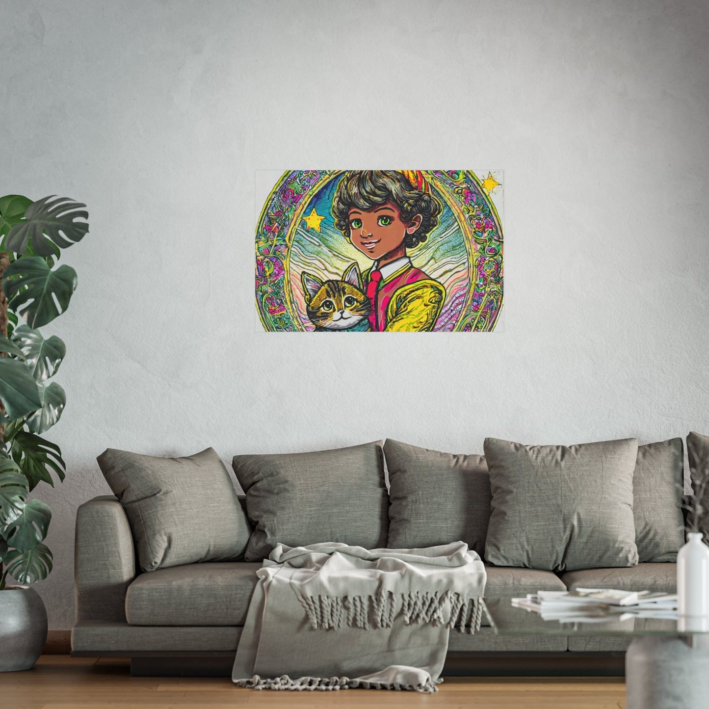 Colorful Cat & Child Art Print, Whimsical Home Decor, Kid's Room Wall Art, Gift for Cat Lovers, Vintage Style Poster