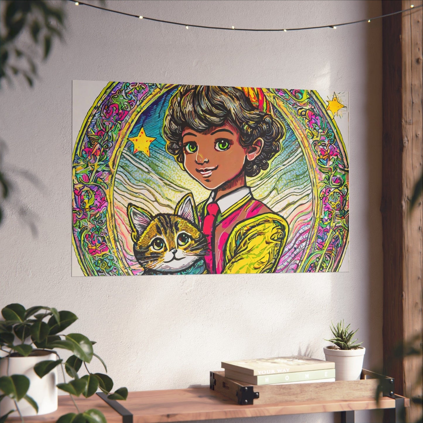 Colorful Cat & Child Art Print, Whimsical Home Decor, Kid's Room Wall Art, Gift for Cat Lovers, Vintage Style Poster