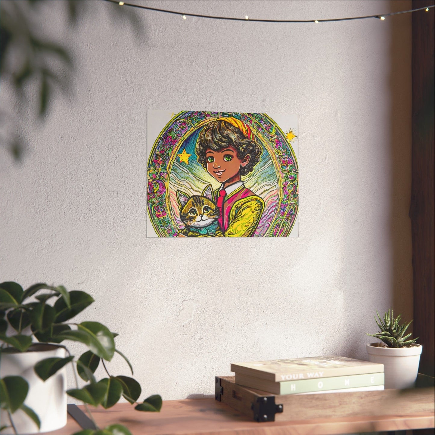 Colorful Cat & Child Art Print, Whimsical Home Decor, Kid's Room Wall Art, Gift for Cat Lovers, Vintage Style Poster