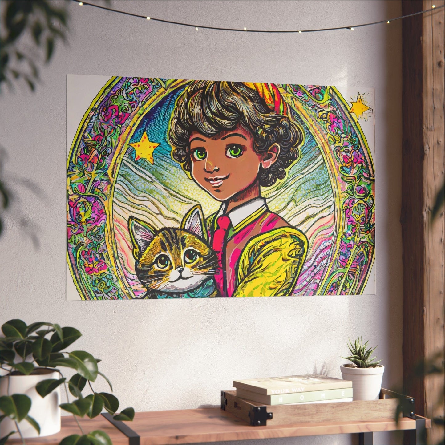 Colorful Cat & Child Art Print, Whimsical Home Decor, Kid's Room Wall Art, Gift for Cat Lovers, Vintage Style Poster