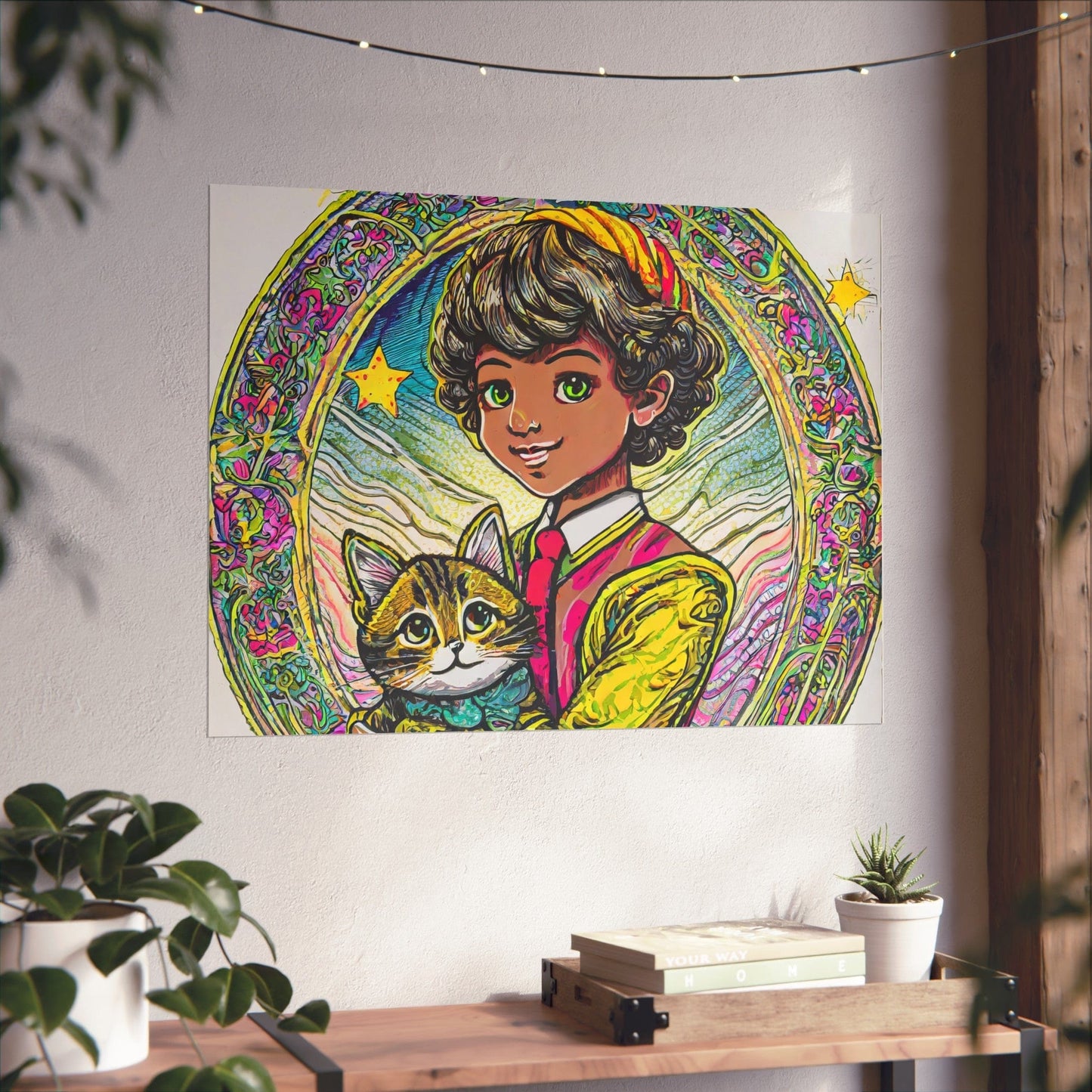Colorful Cat & Child Art Print, Whimsical Home Decor, Kid's Room Wall Art, Gift for Cat Lovers, Vintage Style Poster
