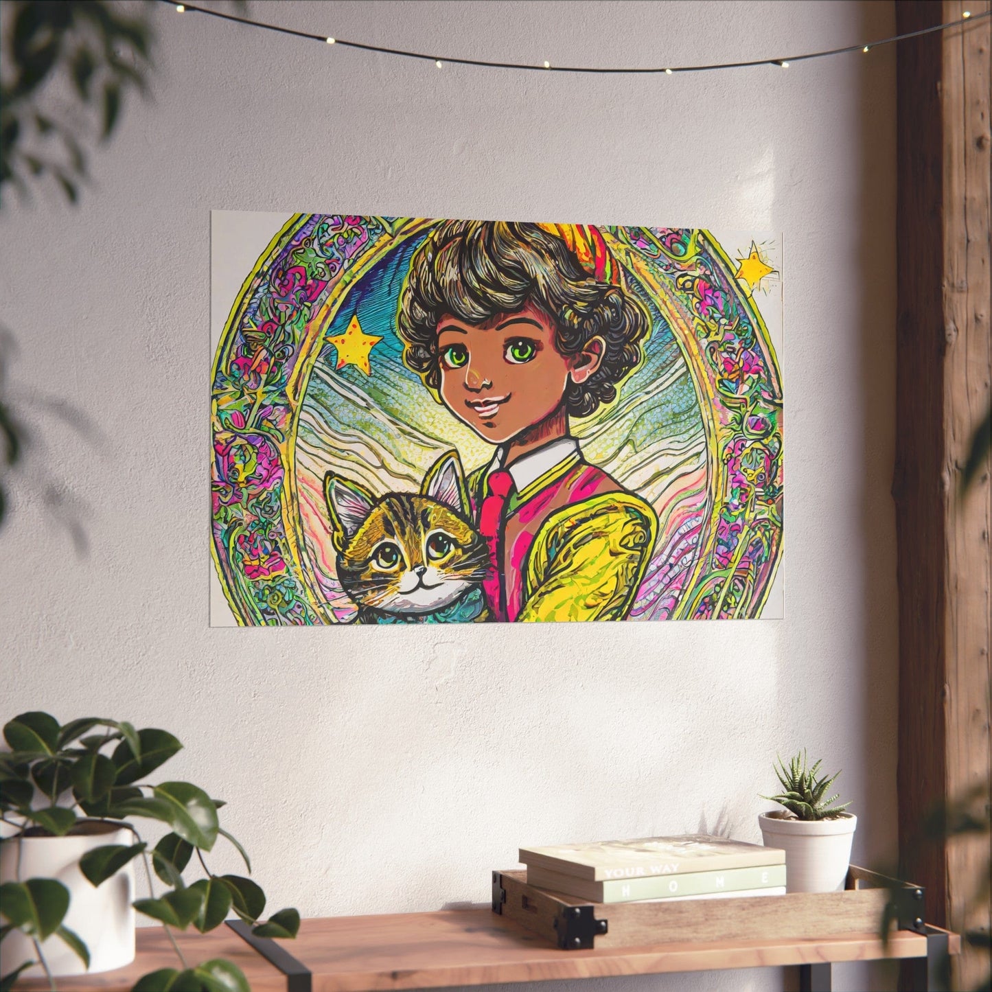 Colorful Cat & Child Art Print, Whimsical Home Decor, Kid's Room Wall Art, Gift for Cat Lovers, Vintage Style Poster
